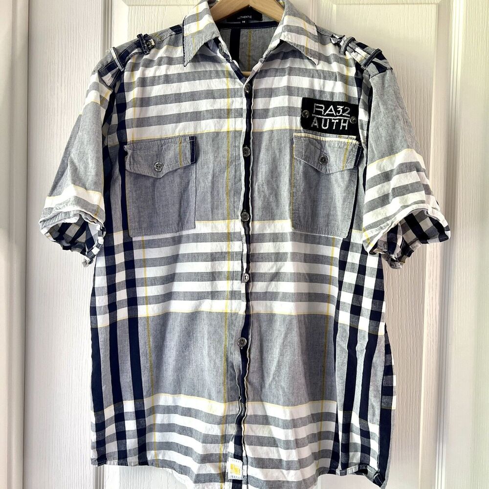 Y2K Red Ape Shirt Mens Medium Short Sleeve Button Up Blue Plaid Logo Urban Wear - Picture 1 of 13